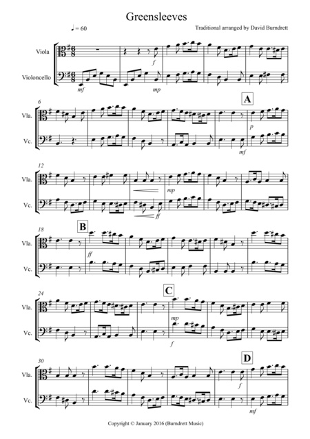 Free Sheet Music Greensleeves For Viola And Cello Duet