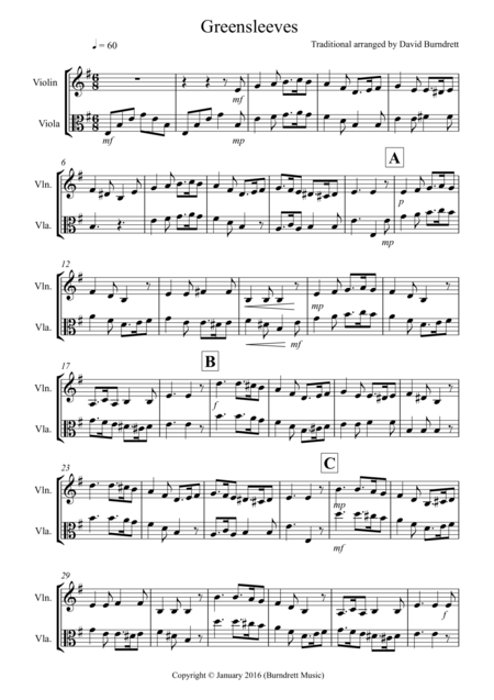 Free Sheet Music Greensleeves For Violin And Viola Duet