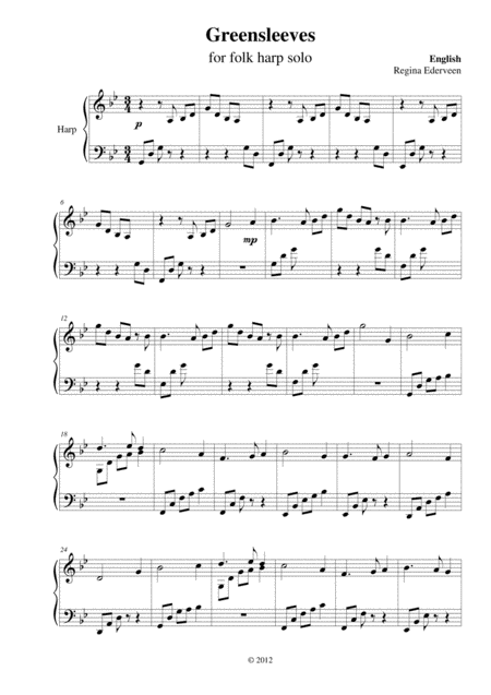 Free Sheet Music Greensleeves Lever Harp Solo