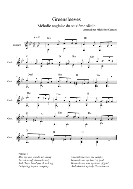 Greensleeves Mlodie Anglaise Du Seizime Sicle Arrange Pour Guitare Par Micheline Cumant Sheet Music