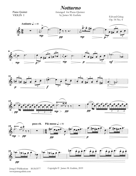 Grieg Notturno Op 54 No 4 For Piano Quintet Sheet Music