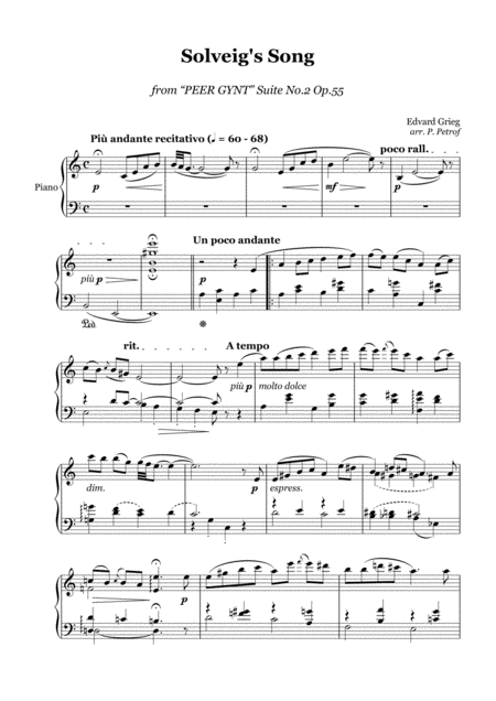 Grieg Solveigs Song Piano Solo Sheet Music