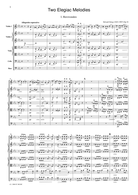 Grieg Two Elegiac Melodies For String Orchestra Sg020 Sheet Music