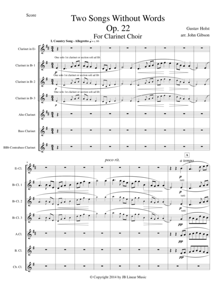 Gustav Holst Two Songs Without Words Set For Clarinet Choir Sheet Music