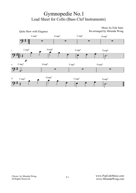 Gymnopedie No 1 Romantic Classical Music For Cello Solo Sheet Music