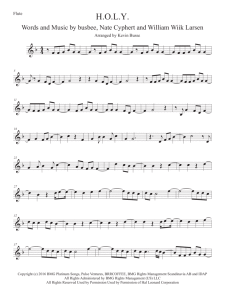 Free Sheet Music H O L Y Easy Key Of C Flute