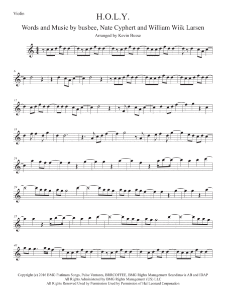 Free Sheet Music H O L Y Easy Key Of C Violin