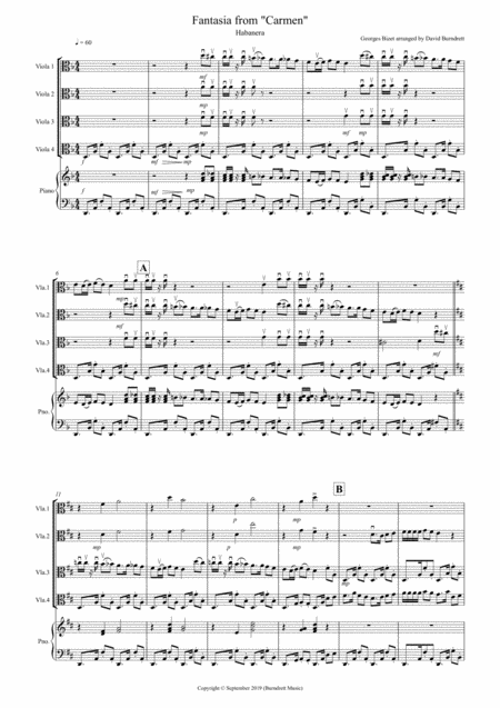 Habanera Fantasia From Carmen For Viola Quartet Sheet Music