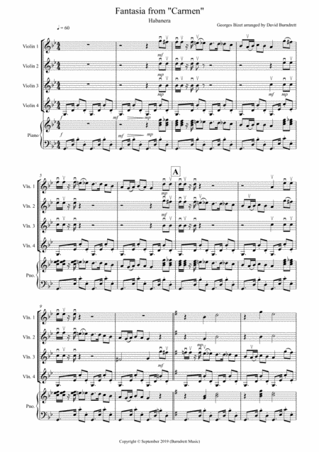 Habanera Fantasia From Carmen For Violin Quartet Sheet Music