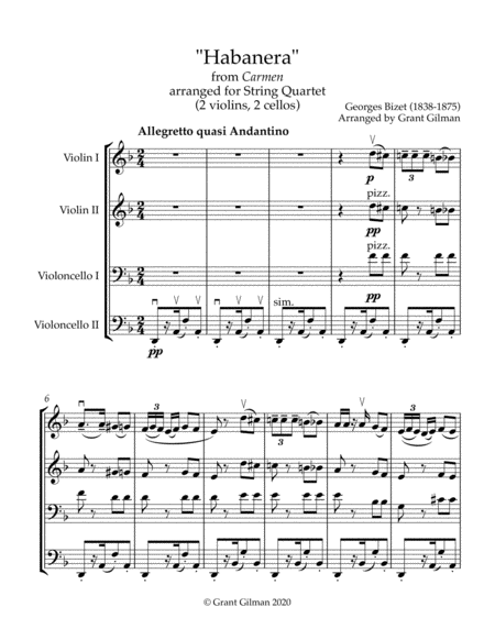 Habanera From Bizets Carmen For Unique String Quartet 2 Violins 2 Cellos Score Parts Sheet Music