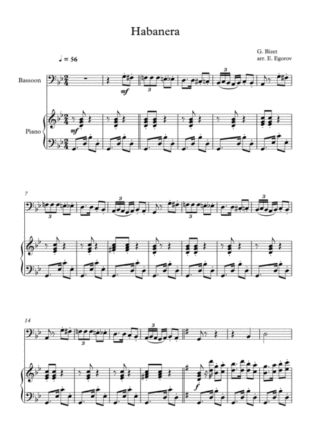 Free Sheet Music Habanera Georges Bizet For Bassoon Piano