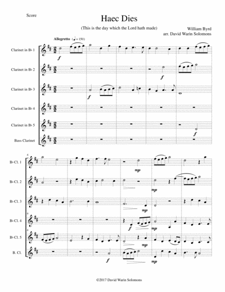 Free Sheet Music Haec Dies For Clarinet Sextet 5 B Flat Clarinets And 1 Bass Clarinet