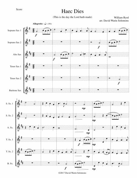 Free Sheet Music Haec Dies For Saxophone Sextet