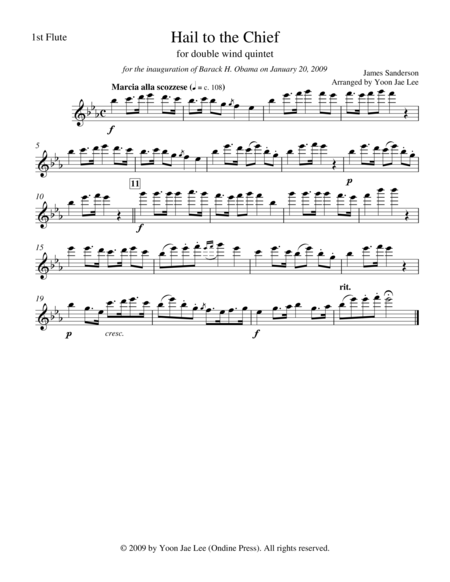 Hail To The Chief For Double Wind Quintet In E Flat Major Arr Lee Set Of Parts Sheet Music