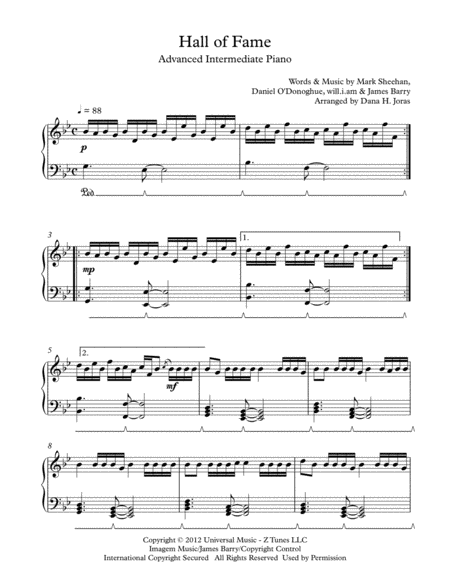 Free Sheet Music Hall Of Fame For Advanced Intermediate Piano