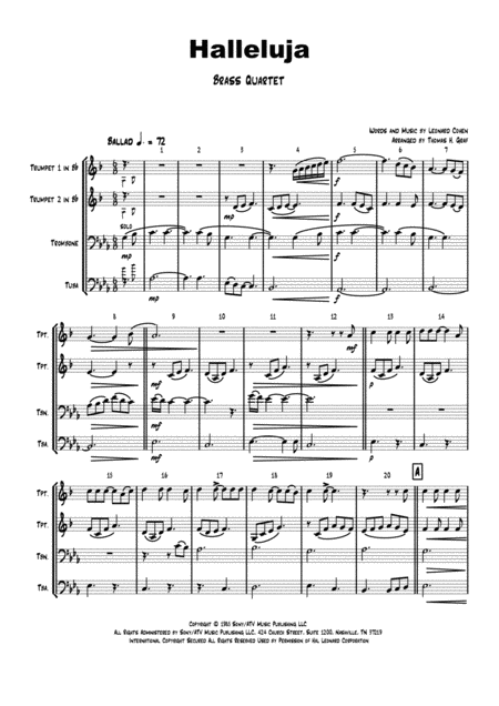 Free Sheet Music Halleluja Sophisticated Arrangement Of Cohens Classic Brass Quartet