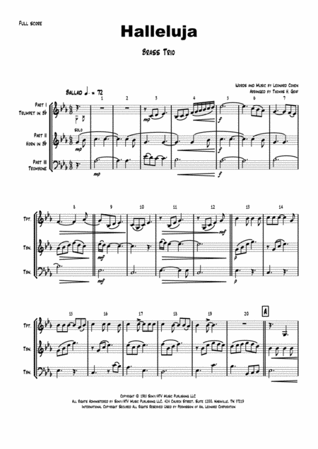 Halleluja Sophisticated Arrangement Of Cohens Classic Brass Trio High Sheet Music