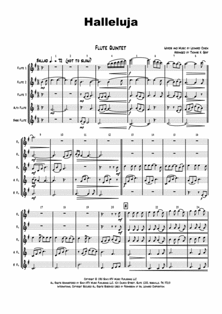 Free Sheet Music Halleluja Sophisticated Arrangement Of Cohens Classic Flute Quintet