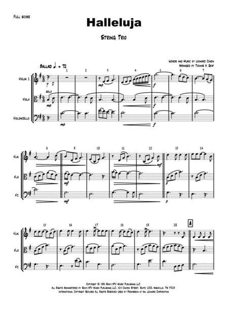 Free Sheet Music Halleluja Sophisticated Arrangement Of Cohens Classic String Trio
