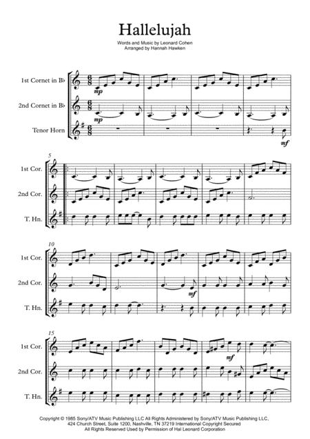 Hallelujah Brass Trio 3 Cornets Trumpets Or 2 Cornets Trumpets And Tenor Horn Sheet Music