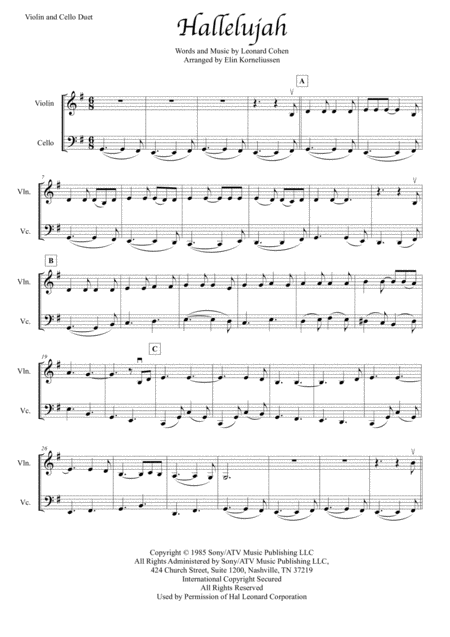 Hallelujah By Leonard Cohen For Violin And Cello Duet Sheet Music