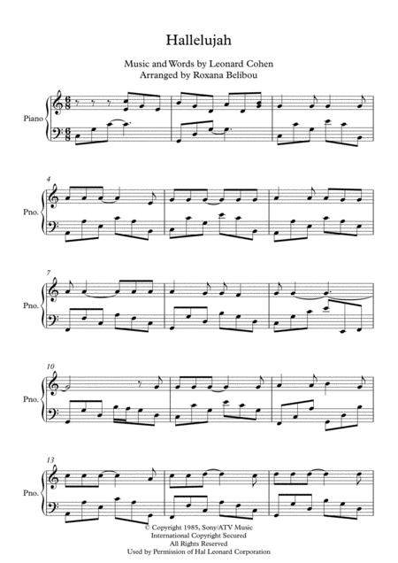 Hallelujah By Leonard Cohen Piano Sheet Music