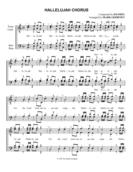 Hallelujah Chorus In C Barbershop Men Ttbb Chorus Quartet Sheet Music