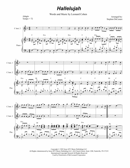 Free Sheet Music Hallelujah Duet For C Instruments