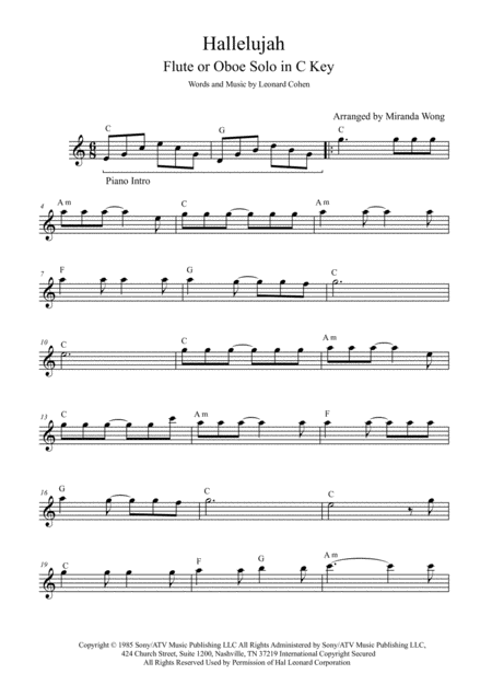 Hallelujah Flute Oboe Or Recorder Solo In C Key With Chords Sheet Music