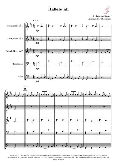 Free Sheet Music Hallelujah For Brassquintet