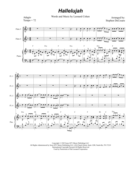 Free Sheet Music Hallelujah For C Flute Quartet