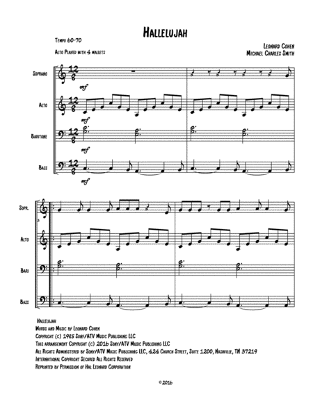 Hallelujah For Diatonic Or Chromatic Marimba Quartet Key Of C Sheet Music