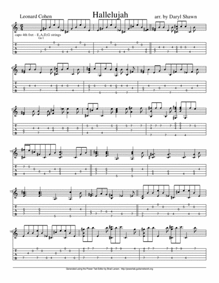 Hallelujah For Solo Fingerstyle Guitar Sheet Music