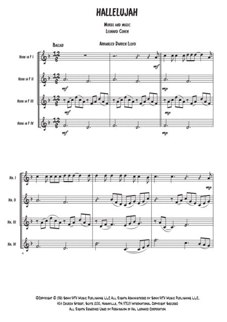 Hallelujah French Horn Quartet Sheet Music