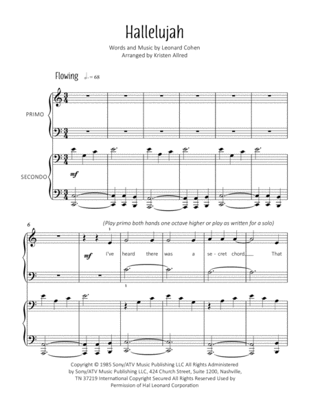 Hallelujah From Shrek Easy Piano Duet Sheet Music