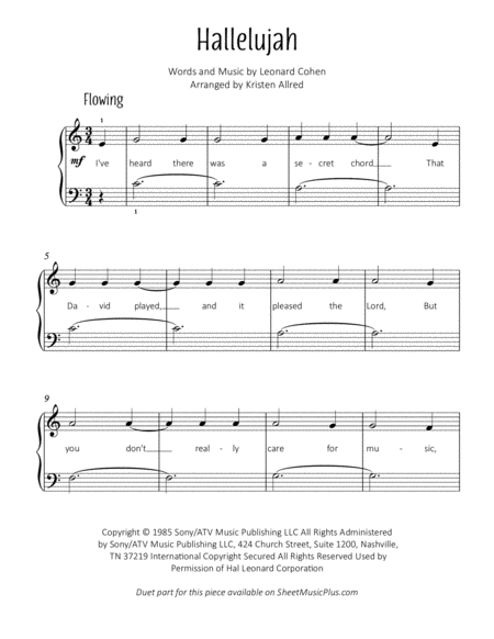 Hallelujah From Shrek Easy Piano Sheet Music