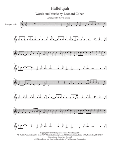 Hallelujah In The Easy Key Of C Trumpet Sheet Music