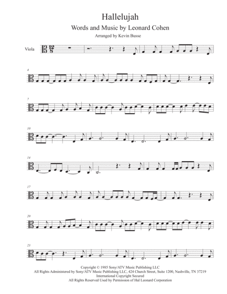 Free Sheet Music Hallelujah In The Easy Key Of C Viola