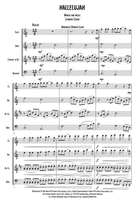 Hallelujah Woodwind Quartet Sheet Music