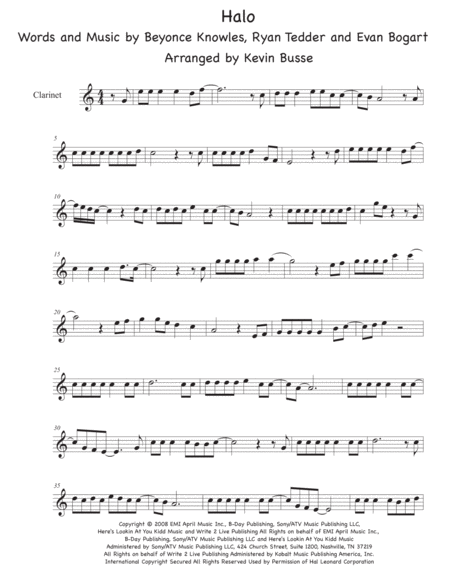 Halo Easy Key Of C Clarinet Sheet Music