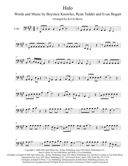 Halo Original Key Cello Sheet Music