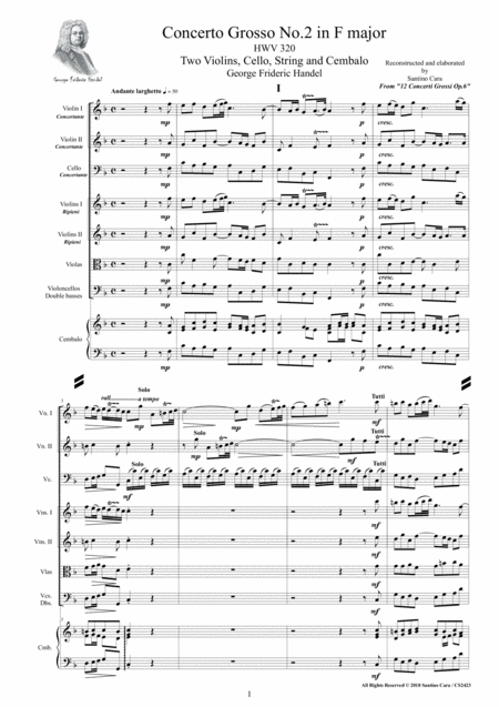 Handel Concerto Grosso No 2 In F Major Hwv 320 Op 6 For Two Violins Cello Strings And Cembalo Sheet Music