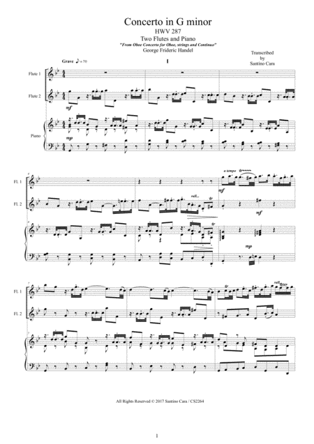 Handel Concerto In G Minor Hwv 287 For Two Flutes And Piano Score And Parts Sheet Music