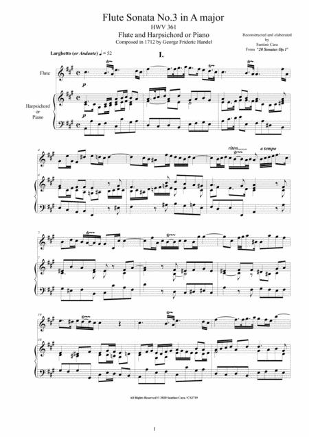 Handel Flute Sonata No 3 In A Major Op 1 Hwv 361 For Flute And Harpsichord Or Piano Sheet Music