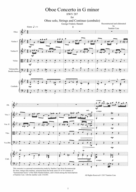 Free Sheet Music Handel Oboe Concerto In G Minor Hwv 287 For Oboe Strings And Continuo