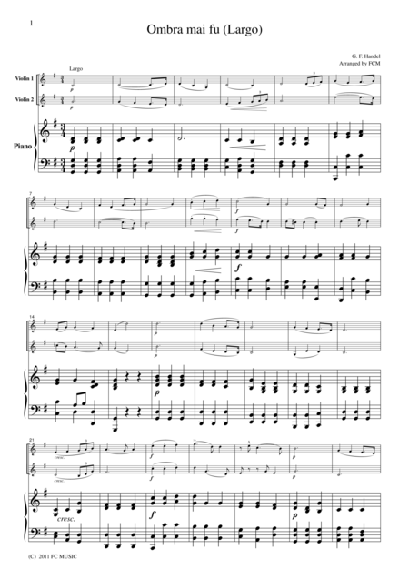 Free Sheet Music Handel Ombra Mai Fu Largo For 2 Violins Piano Vn205