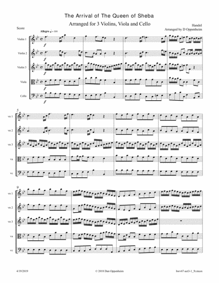 Handel The Arrival Of The Queen Of Sheba Arranged For 3 Violins Viola And Cello Sheet Music