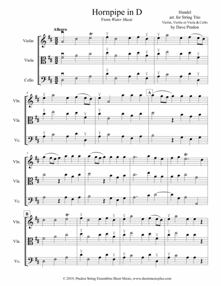 Handels Hornpipe In D For String Trio Sheet Music