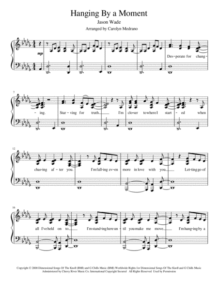 Hanging By A Moment Intermediate Piano Sheet Music