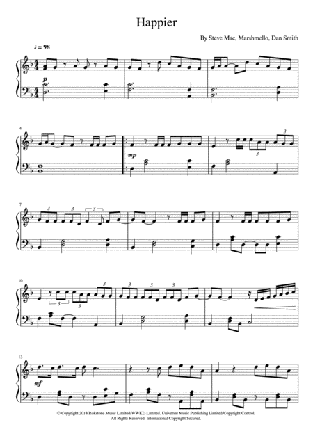 Happier By Marshmello Piano Solo Sheet Music